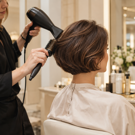 Illustration d’un brushing sur cheveux courts dans un salon élégant