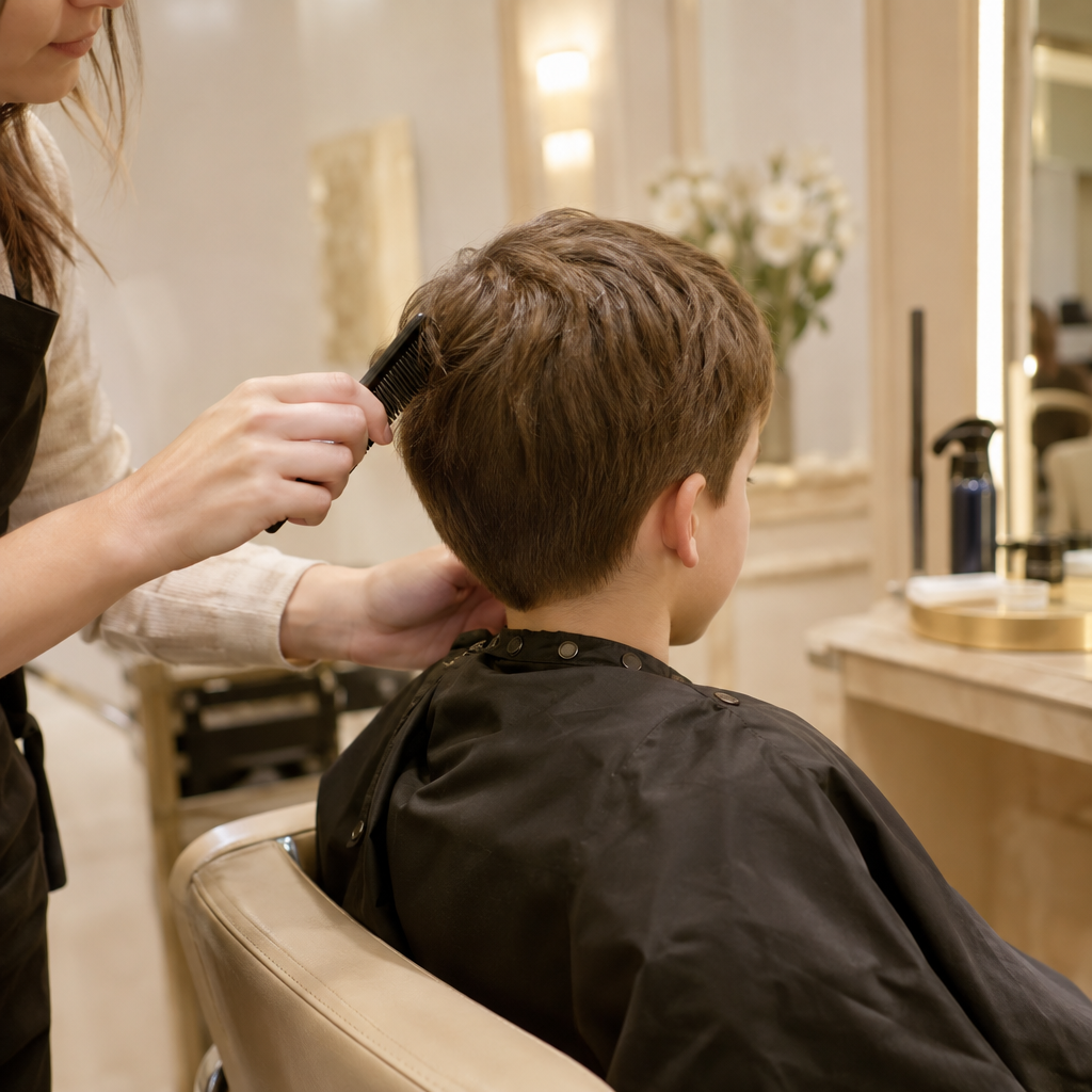 Illustration d’une coupe et d’un coiffage pour garçon de moins de 12 ans au salon.