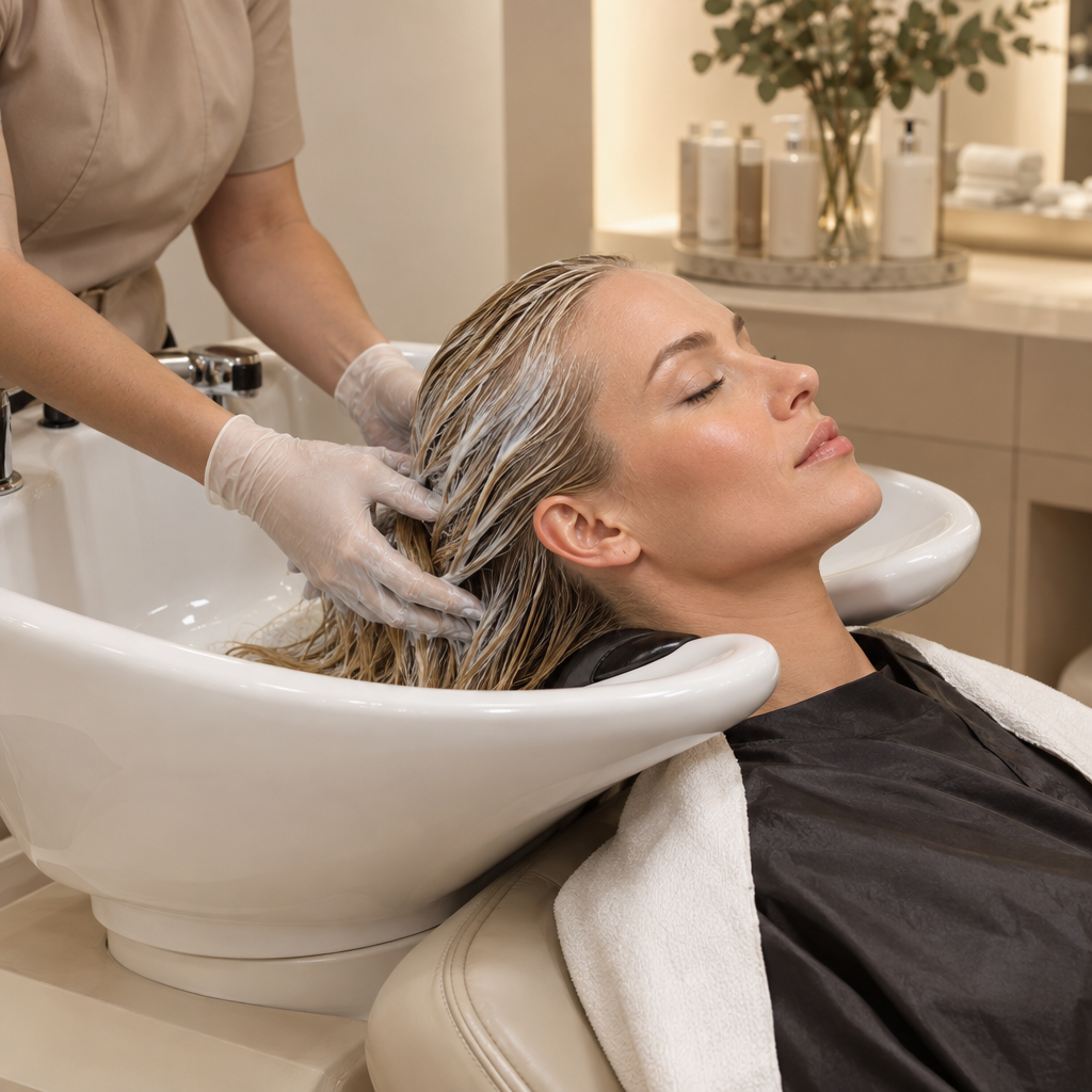 Illustration de l’application d’un gloss au bac à shampooing en salon